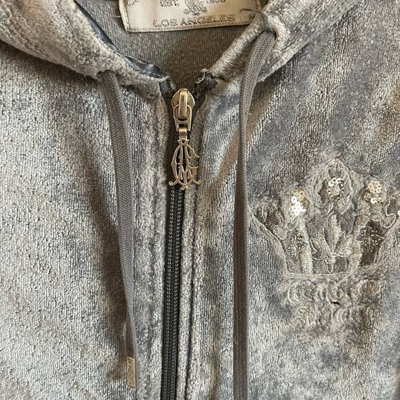 Y2K Christian Audigier Silver Velour Zip Up Sweatshirt Hoodie - Picture 9 of 11